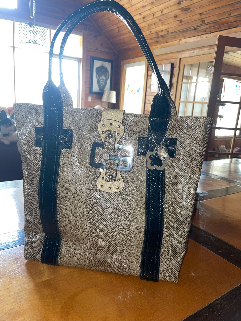 NEW GUESS Black and Cream Faux-Snakeskin Tote Bag with Decorative Buckle